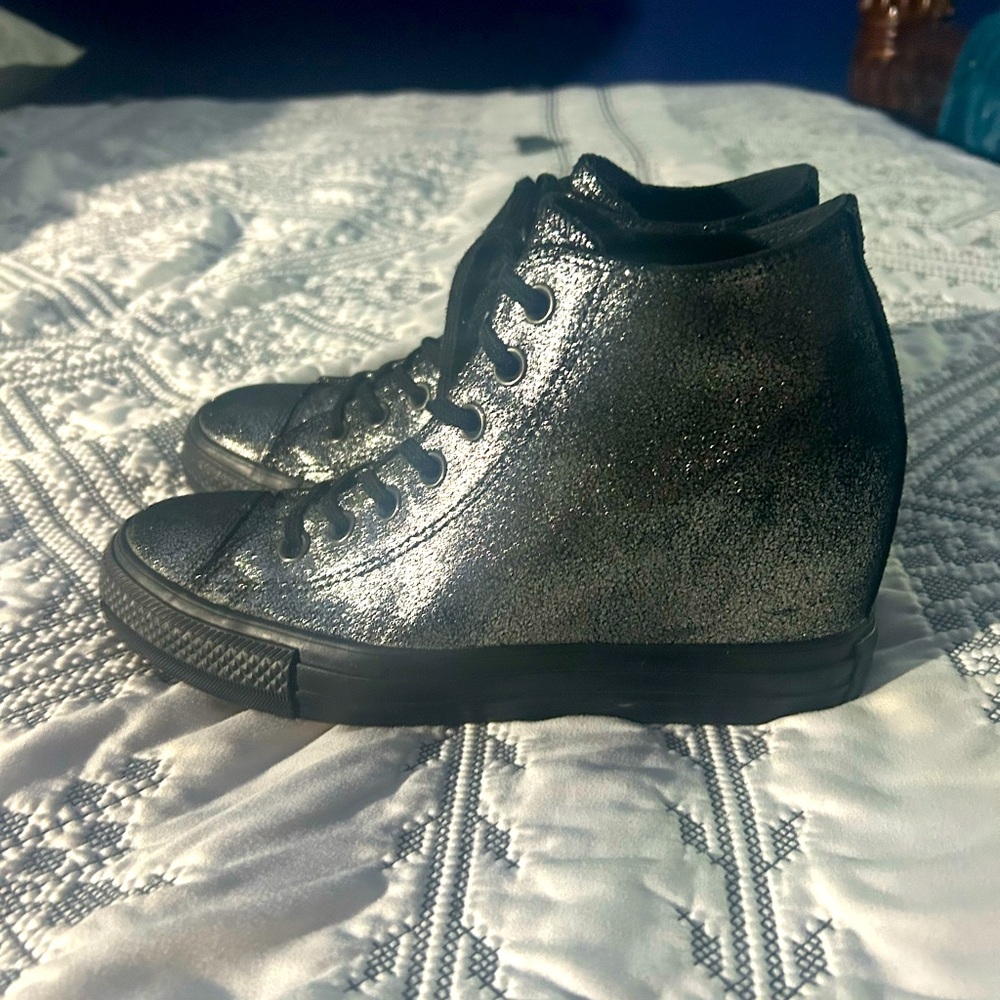 Rare Converse All Star wedge high top platform chrome black with sparkles size 9